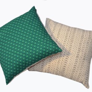 Cushion Cover White Mudcloth with Green Shweshwe fabric
